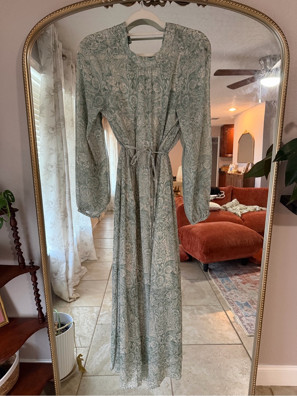 Halogen Sage Green Floral Maxi Dress with Tie Waist
